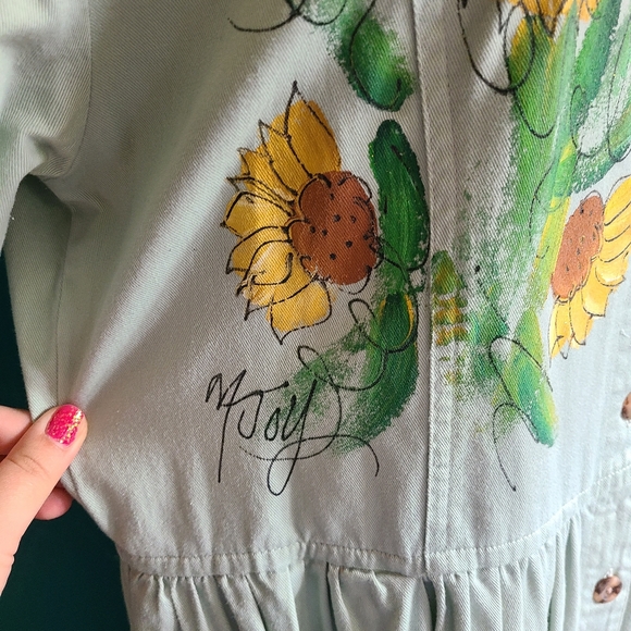 vintage 90s hand painted denim dress size large button front pastel green flower - Picture 3 of 9